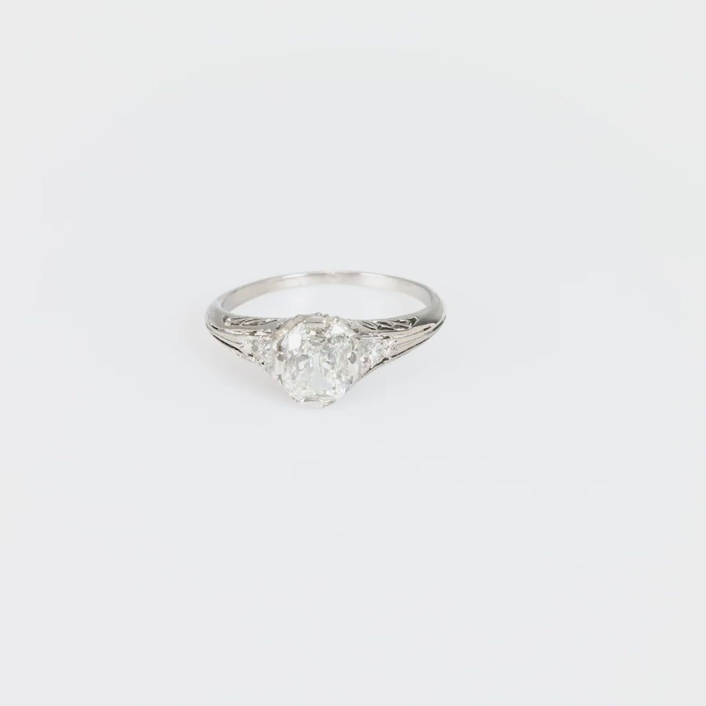 Art Deco GIA .91 carat cushion cut diamond platinum engagement filigree ring Jack Weir & Sons