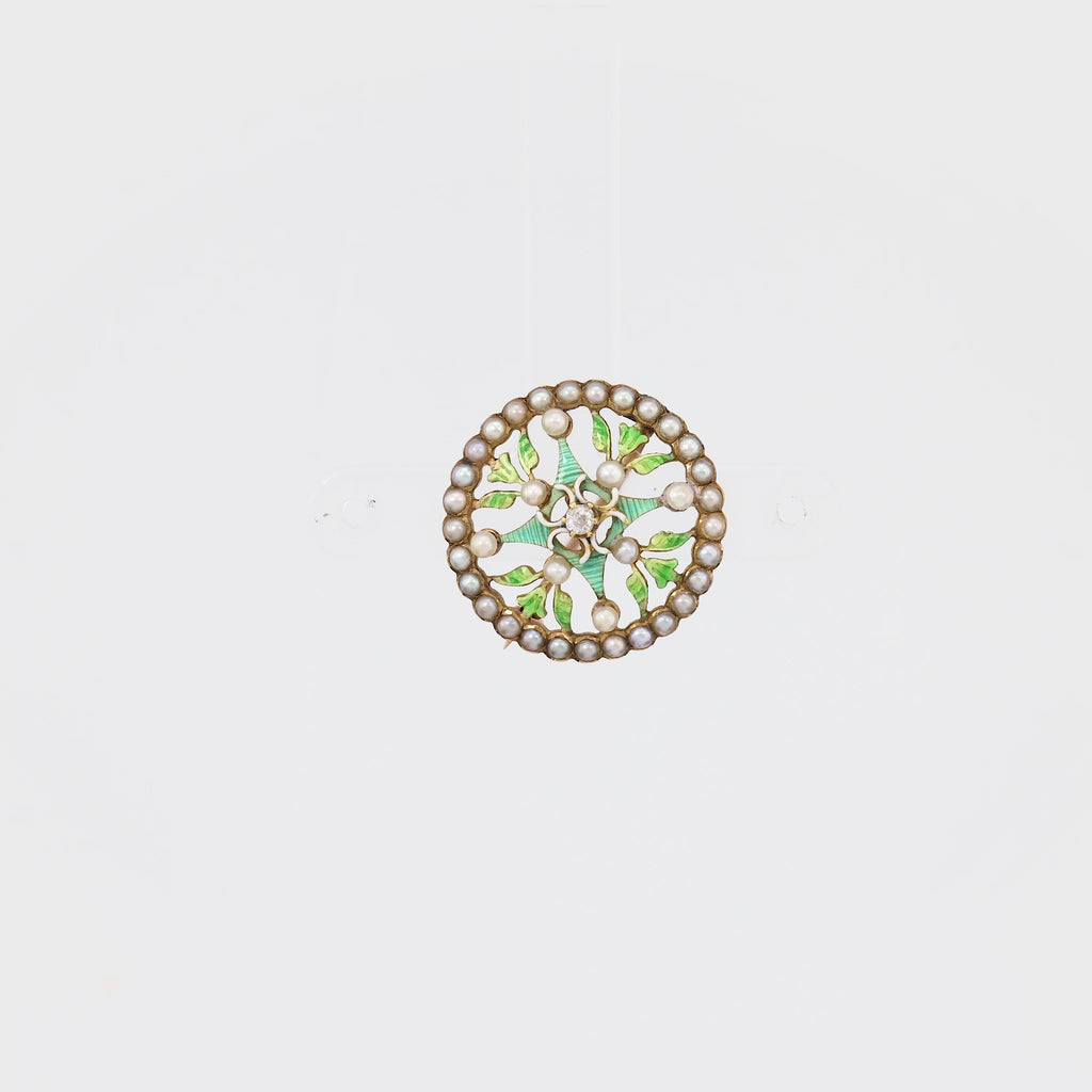 Art Nouveau Pearl Diamond 14K Yellow Gold Enamel Brooch