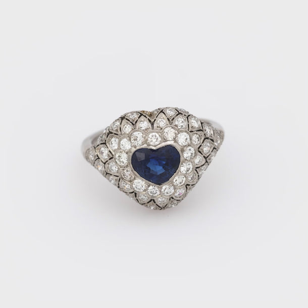 Art Deco style 1.14 carat heart sapphire diamond platinum bombe ring Jack Weir & Sons