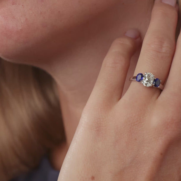 Vintage GIA 1.29 carat diamond sapphire 18k white gold engagement ring