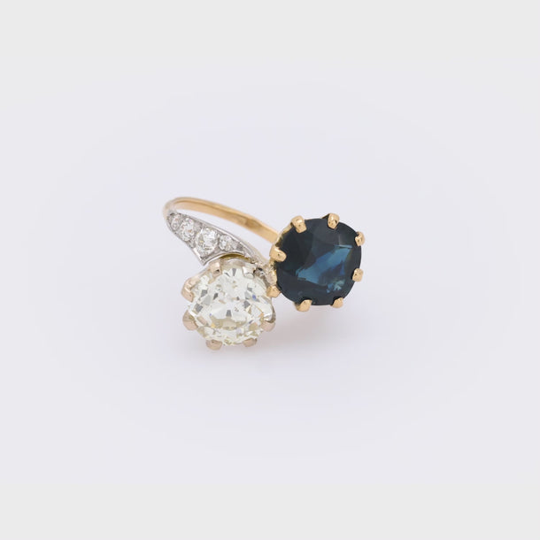 French GIA diamond no heat sapphire 18k yellow gold toi et moi ring Jack Weir & Sons
