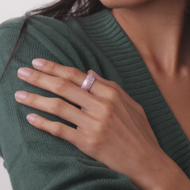 Lugano rose cut diamond 18k white gold pink enamel honeycomb ring Rings Lugano
