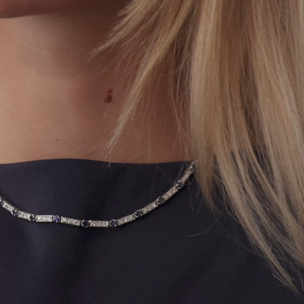 French Mid Century 4.10 carat sapphire diamond platinum necklace