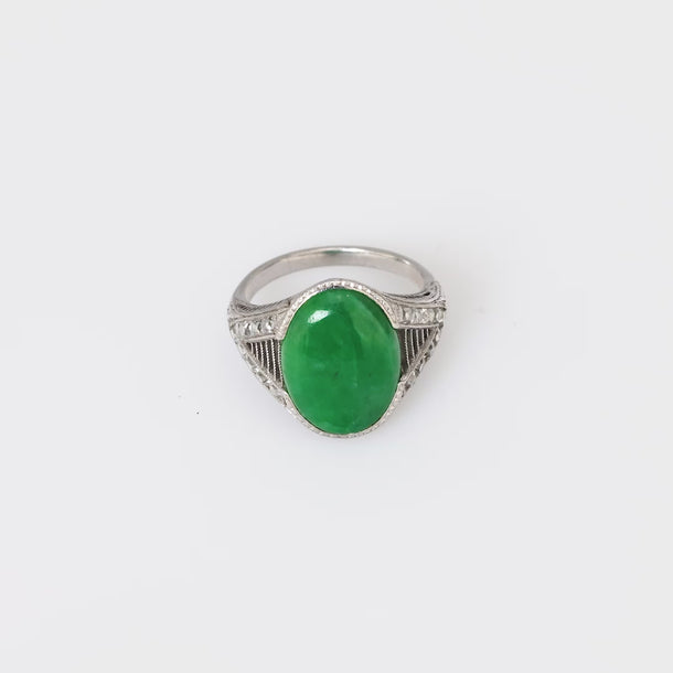 Art Deco GIA 3 carat jade French cut diamond platinum ring Jack Weir & Sons