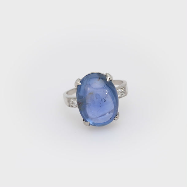 GIA 11.24 carat Ceylon no heat cabochon cut sapphire diamond platinum ring Jack Weir & Sons