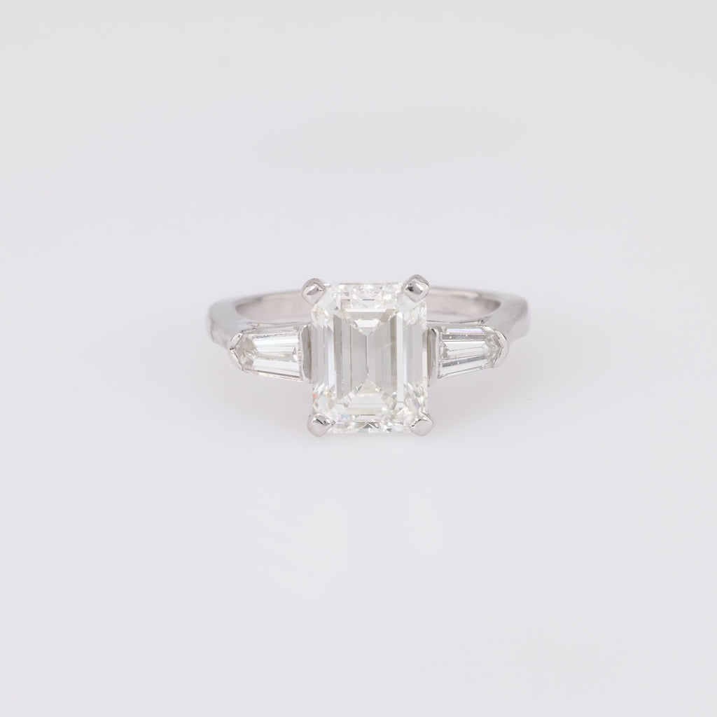 Vintage GIA 2.45 Carat Diamond 18K White Gold Three Stone Ring