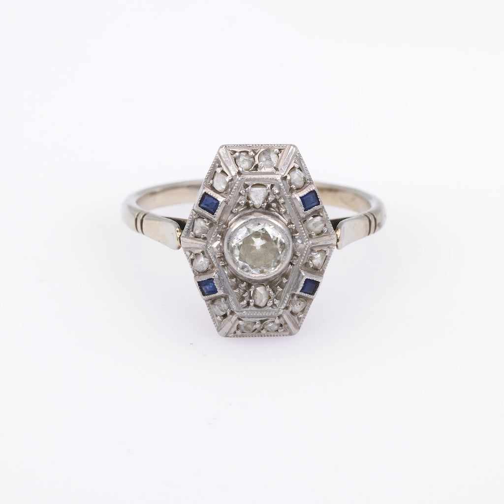 Art Deco Old European Cut Diamond Sapphire 18k White Gold Shield Ring