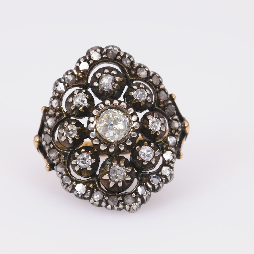 Antique Diamond 18K Yellow Gold Silver Flower Cocktail Ring