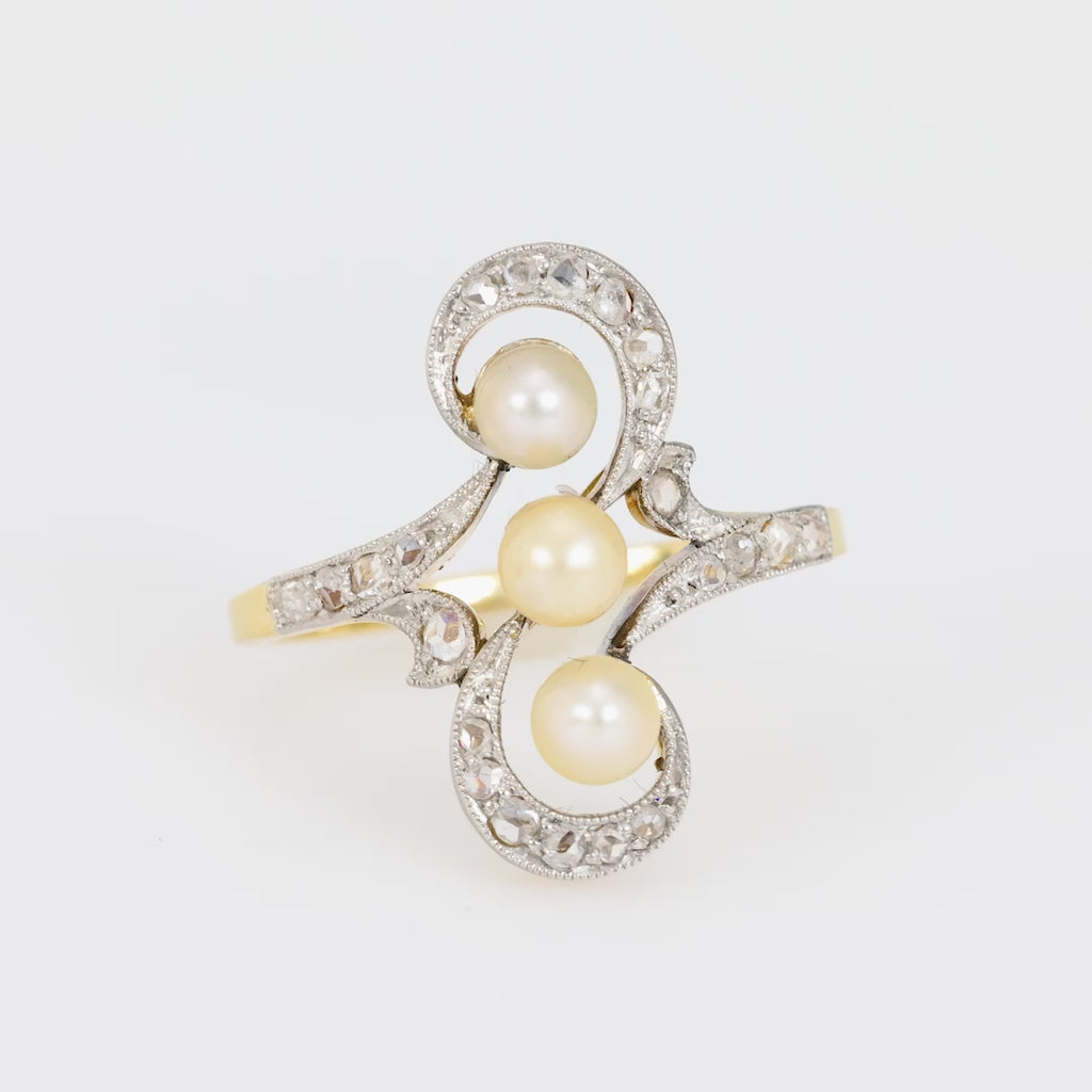 Edwardian pearl diamond 18k yellow gold and platinum navette ring