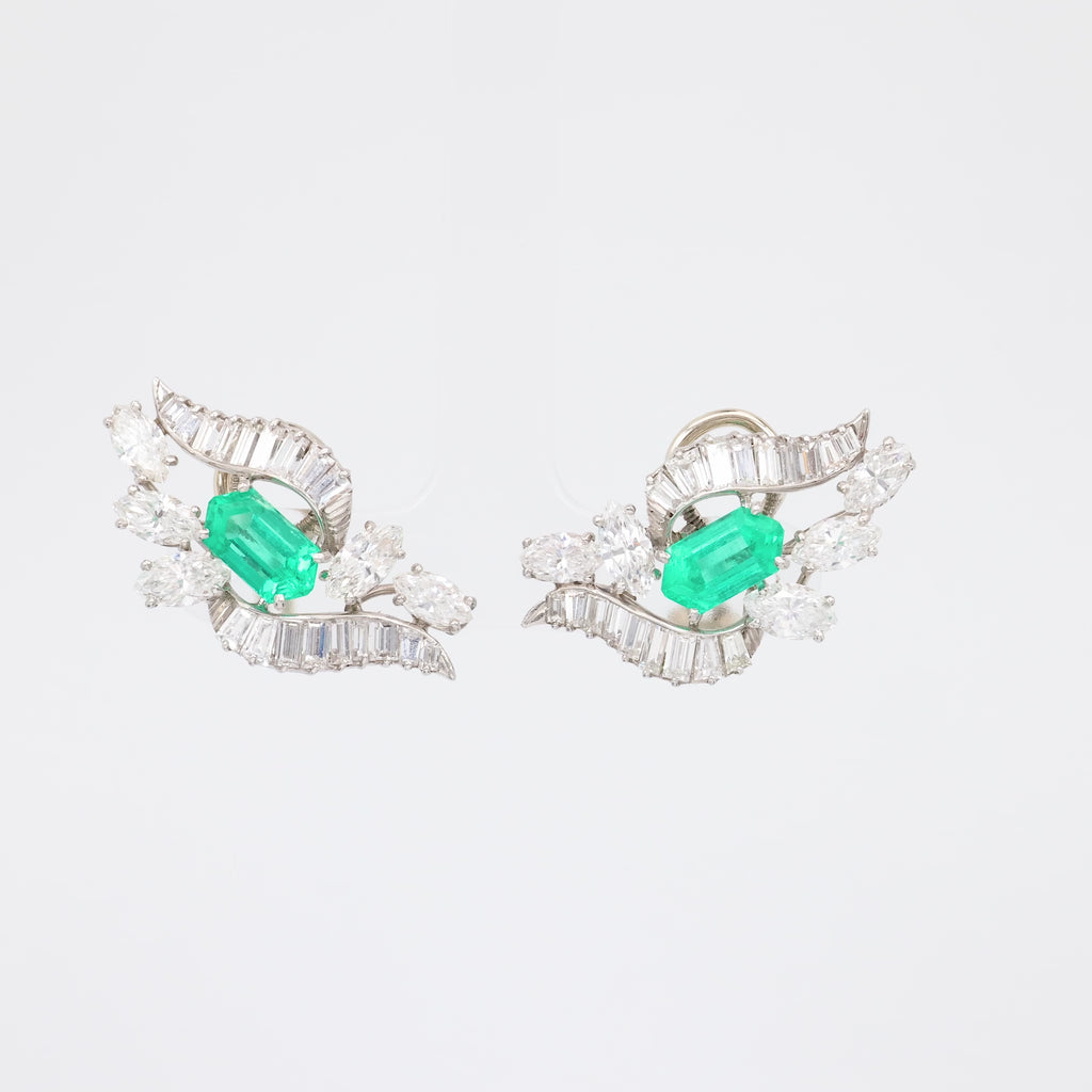 Mid-Century Oscar Heyman Emerald Diamond Platinum Earrings