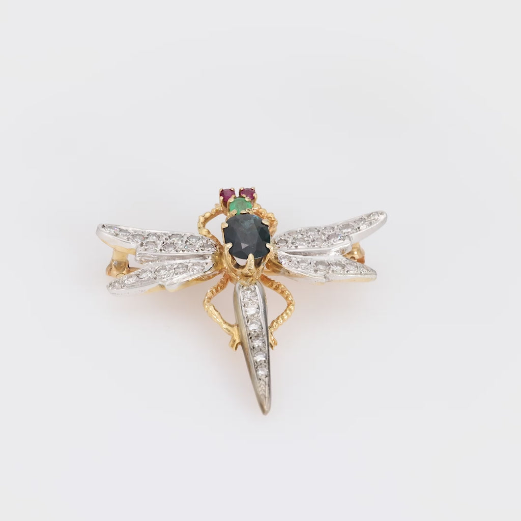 Mid Century sapphire diamond emerald ruby 18k gold dragonfly brooch Jack Weir & Sons