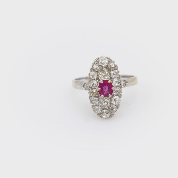 Belle Époque French ruby diamond 18k white gold navette ring Jack Weir & Sons