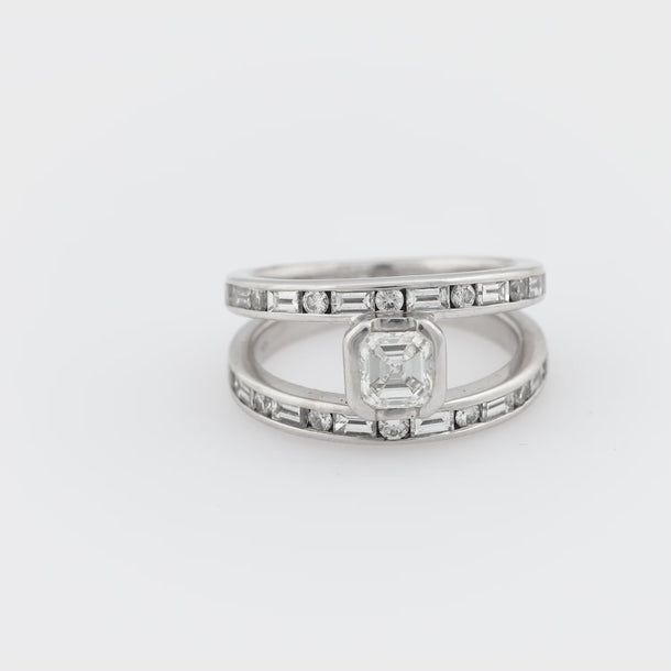 Vintage Asscher cut diamond 14k white gold double band ring Jack Weir & Sons
