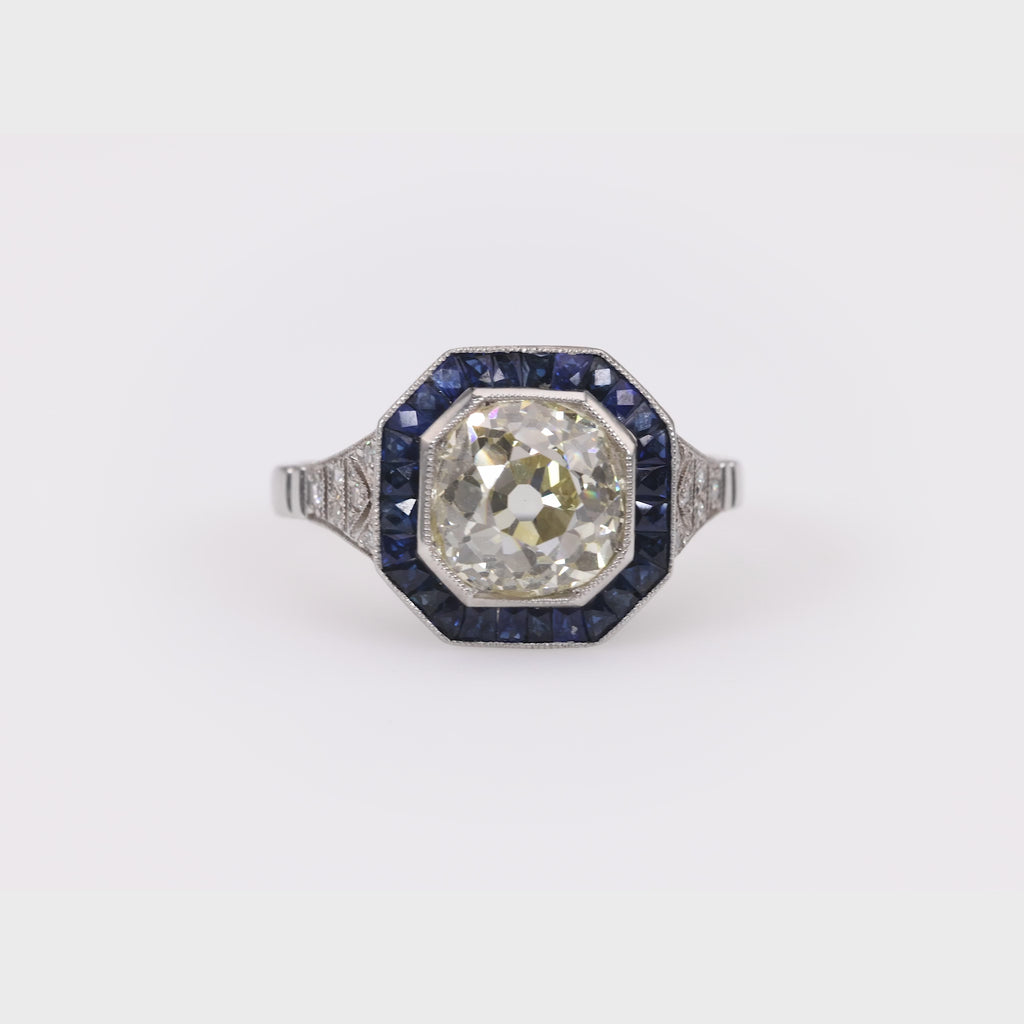 Art Deco Inspired 2.49 Carat Old Mine Diamond Sapphire Platinum Halo Ring