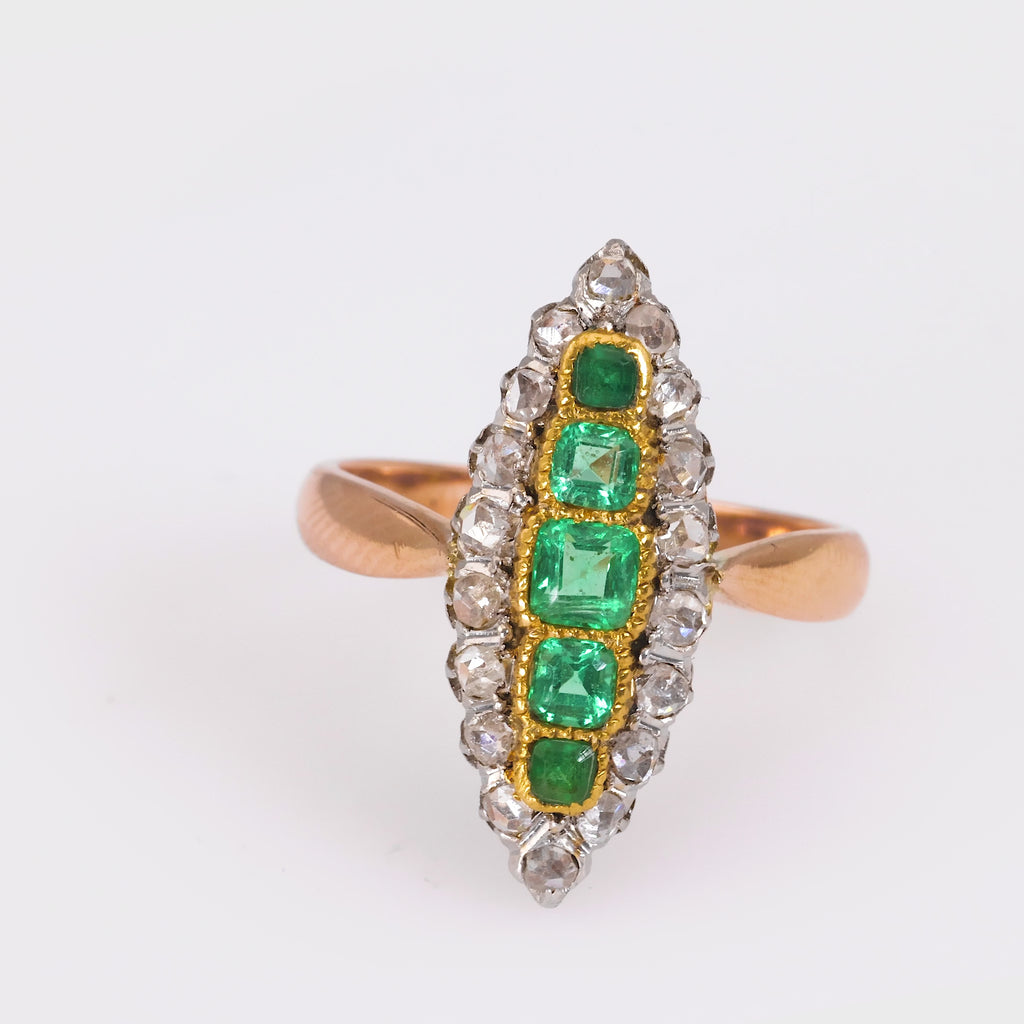 European Art Deco Emerald Diamond Yellow Gold and Platinum Navette Ring