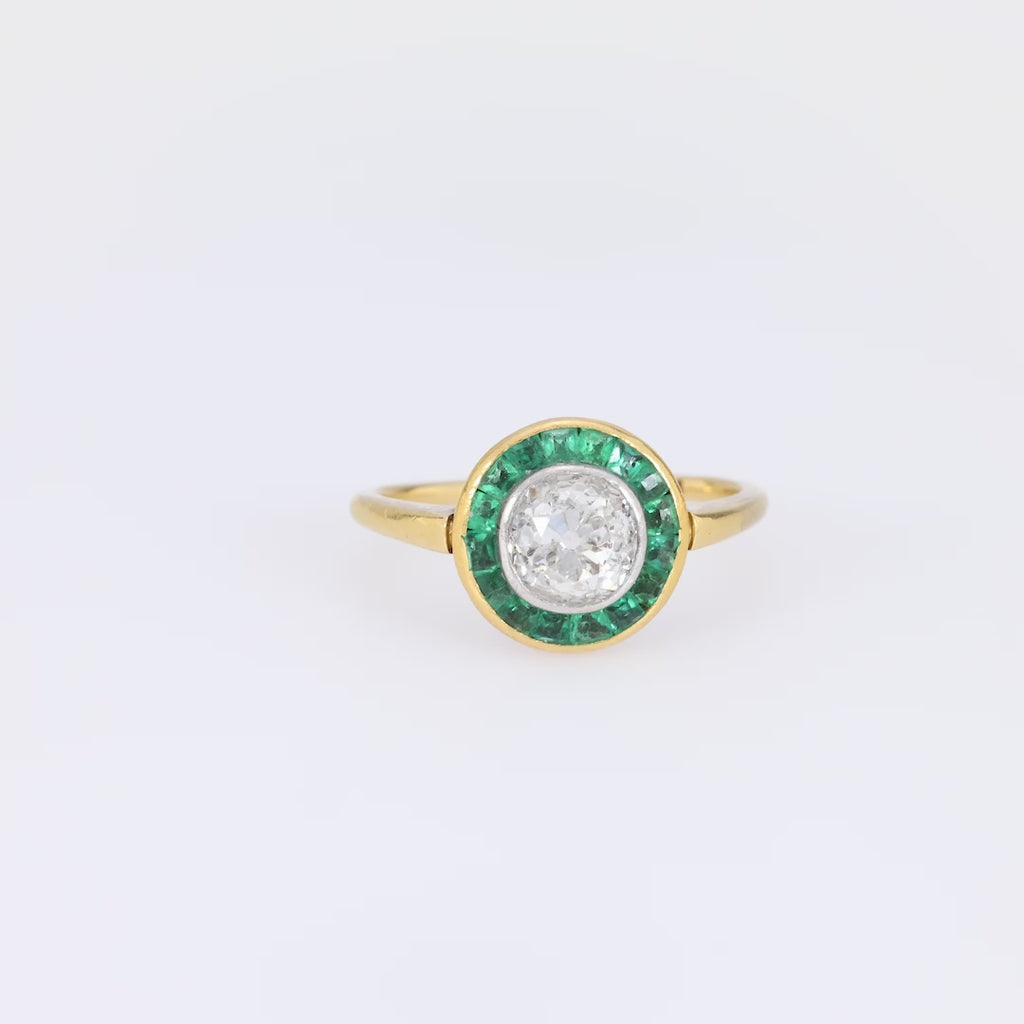 Art Deco diamond emerald 18k yellow gold target ring Jack Weir & Sons