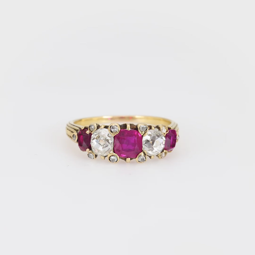 Victorian French GIA 1.20 carat total weight ruby diamond 18k yellow gold ring Jack Weir & Sons