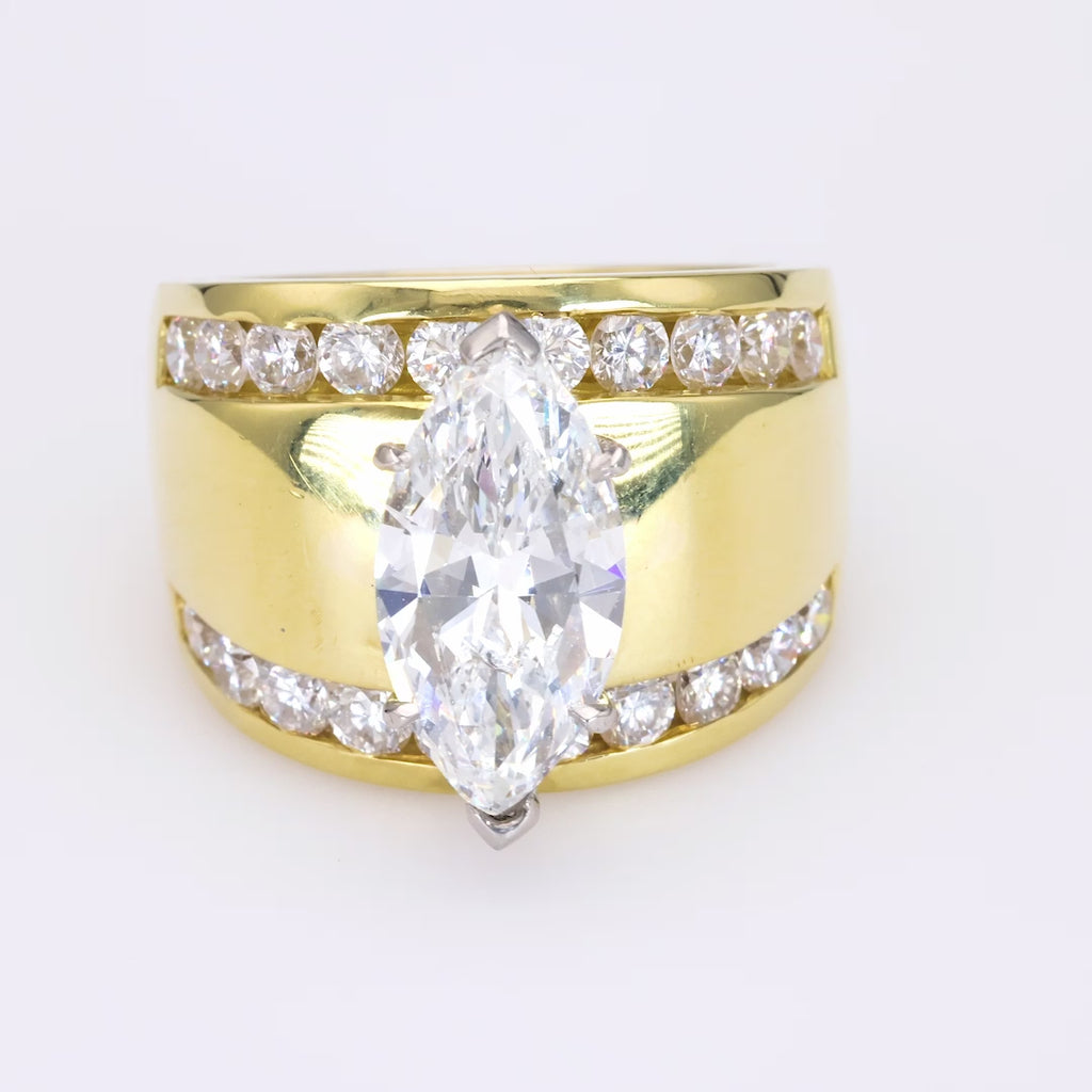 Vintage GIA 3.04 Carat Marquise Cut Diamond Yellow Gold Ring