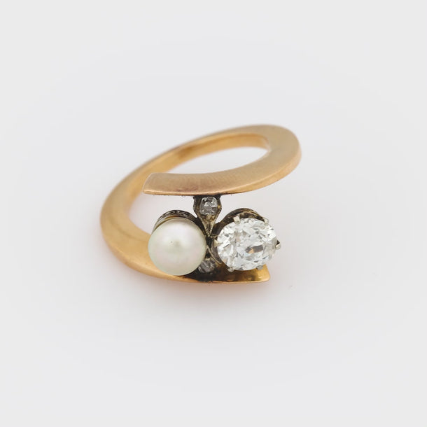 Edwardian pearl diamond 18k yellow and white gold Toi Et Moi ring Jack Weir & Sons