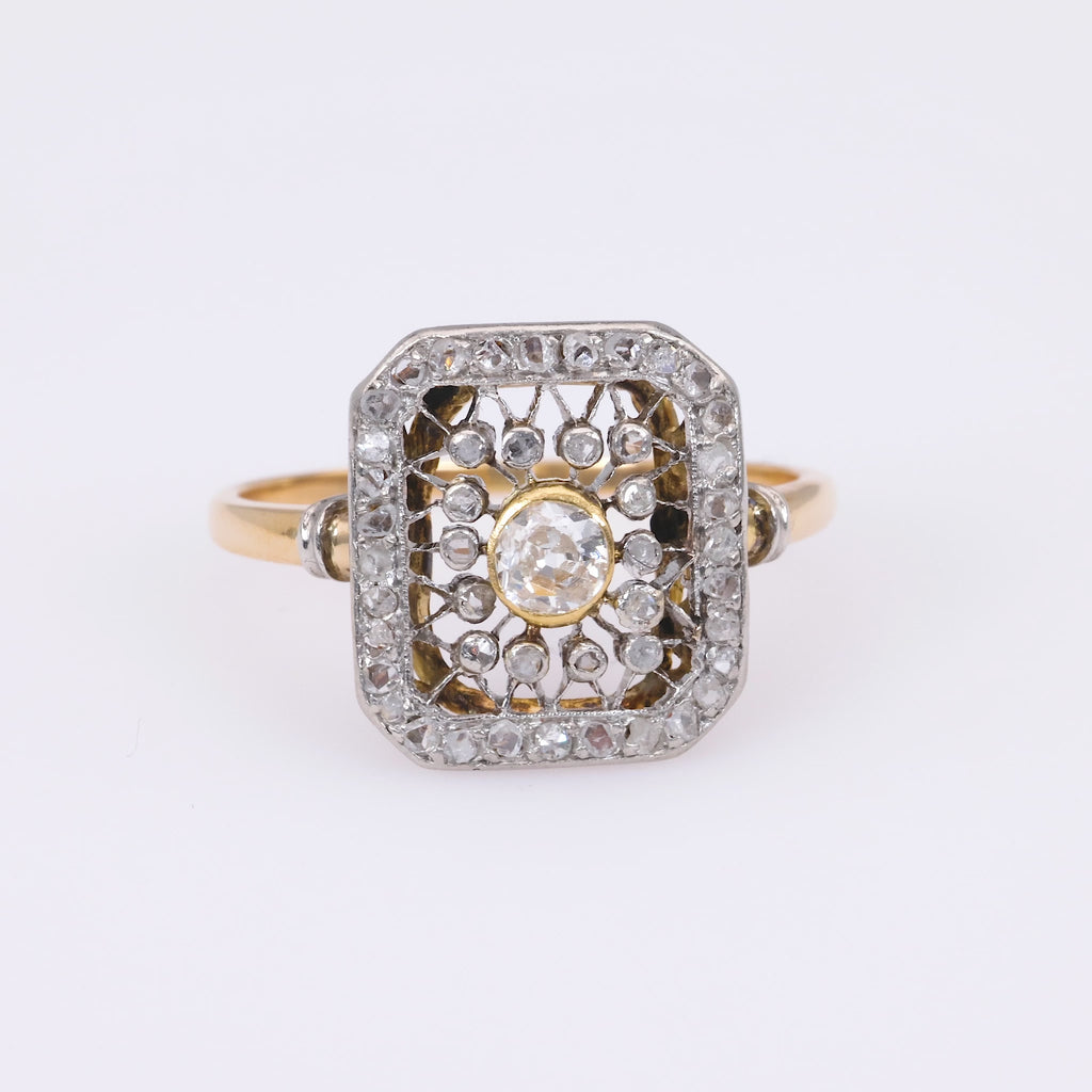 French Belle Époque Diamond 18K Yellow Gold and Platinum Ring