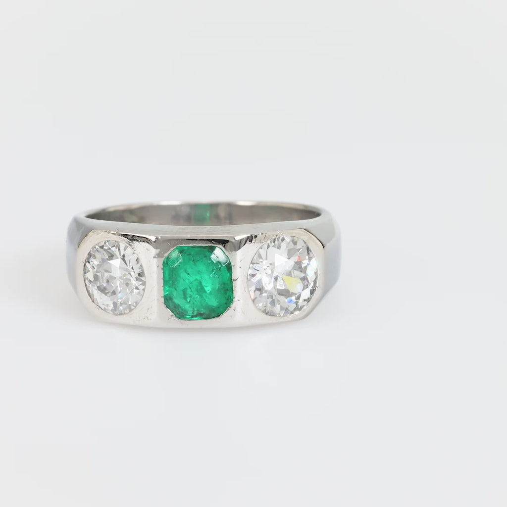 Mid Century French 2.30 carat emerald and diamond platinum three stone band Jack Weir & Sons