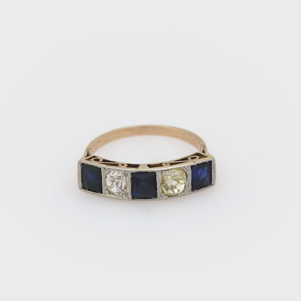 Edwardian sapphire diamond 18k yellow gold five stone ring Jack Weir & Sons