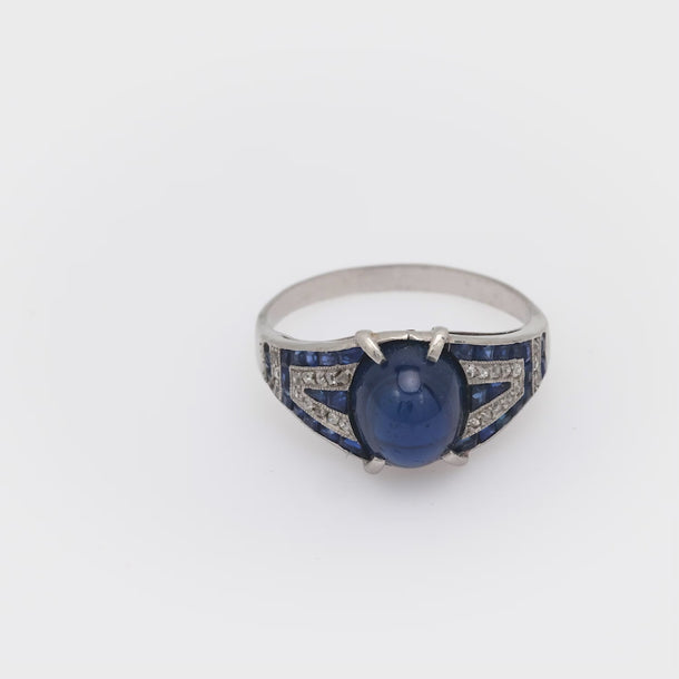Art Deco 4.50 carat cabochon cut sapphire diamond platinum ring Jack Weir & Sons