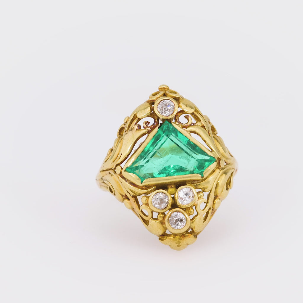 Antique GIA 1.95 Carat Shield Cut Emerald Diamond 18K Yellow Gold Scroll Ring