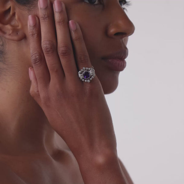 Mid Century amethyst diamond platinum cocktail ring