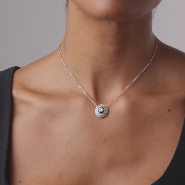 Art Deco diamond sapphire platinum 14k white gold double halo necklace
