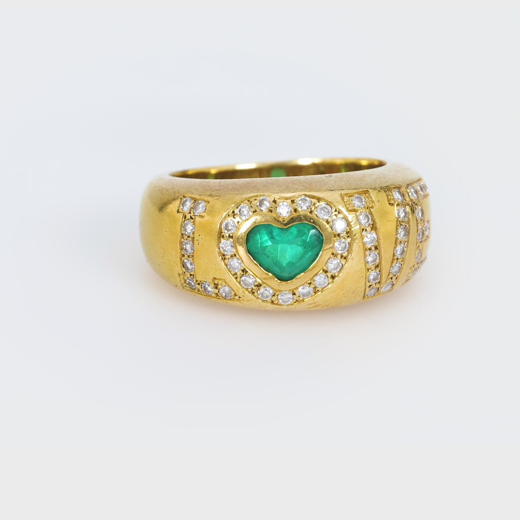 Vintage heart shape emerald diamond 18k yellow gold love ring Jack Weir & Sons