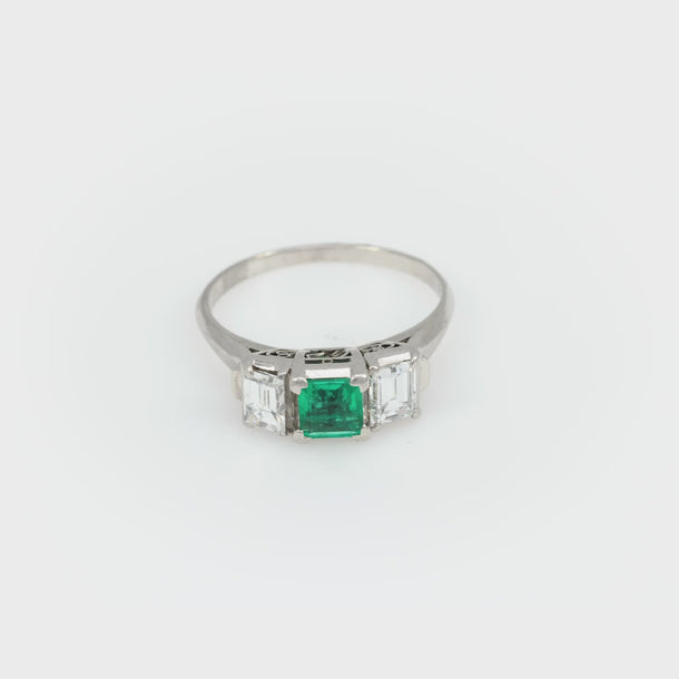 Vintage emerald diamond platinum three stone ring Jack Weir & Sons