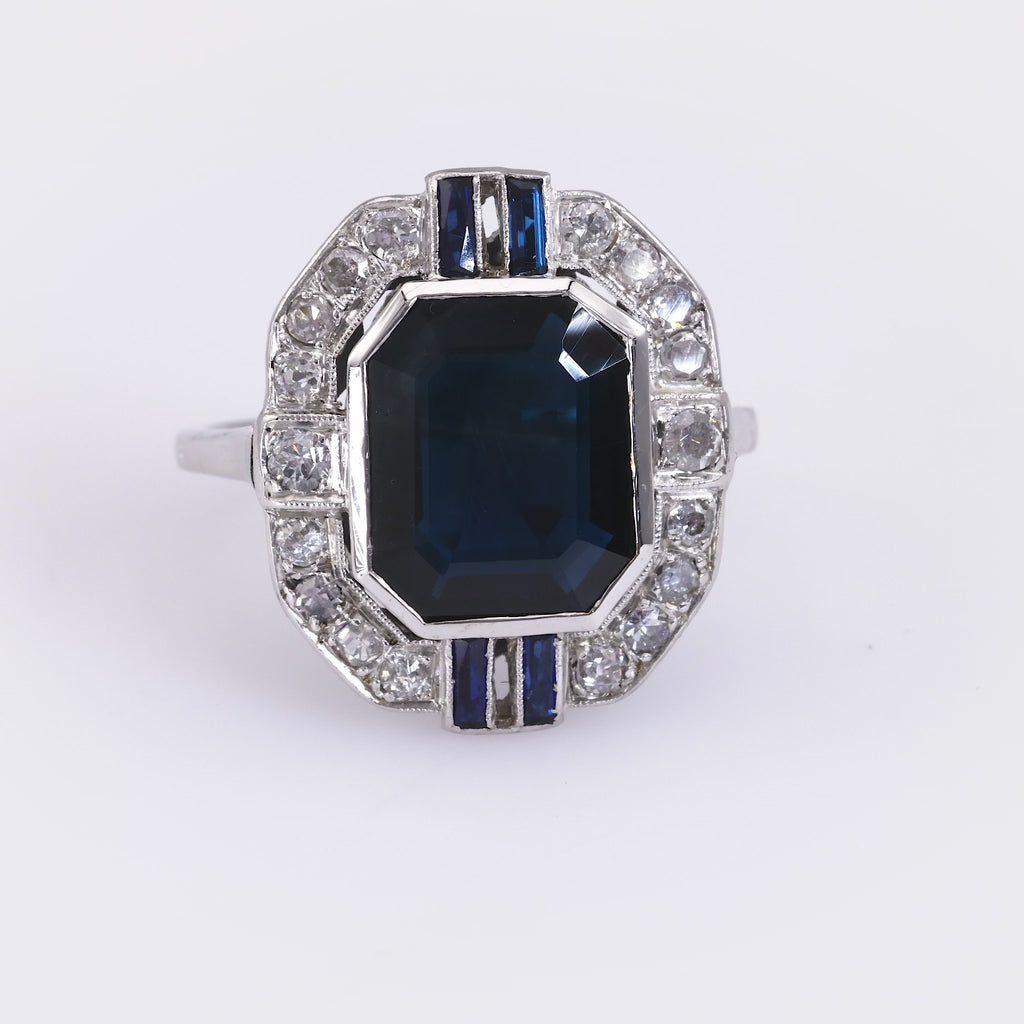 Art Deco GIA 4.80 Carat Blue Sapphire Diamond Platinum White Gold Cocktail Ring