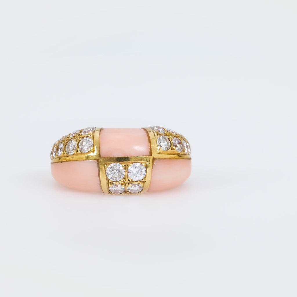 Van Cleef & Arpels French diamond pink coral 18k yellow gold ring Van Cleef & Arpels