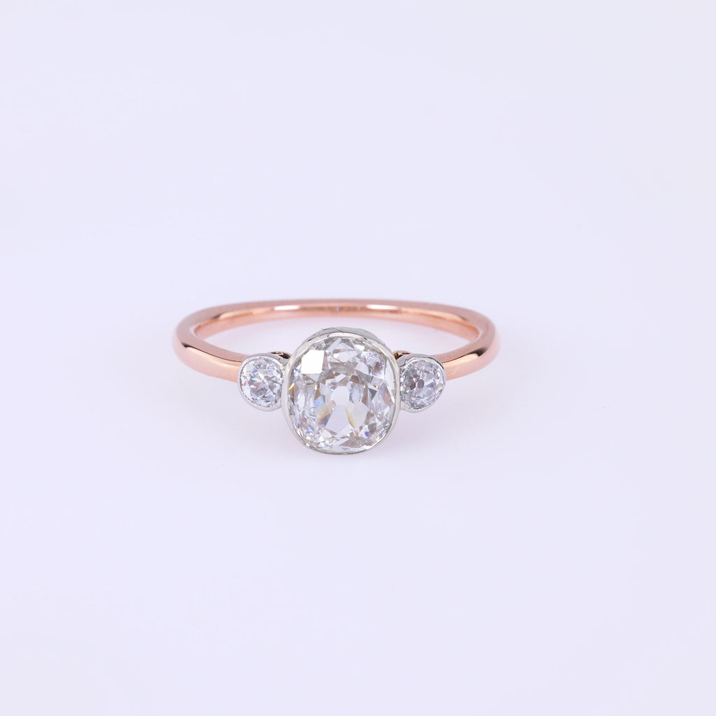 Edwardian GIA 1.01 Carat Old Mine Diamond 18K Rose White Gold Three Stone Ring