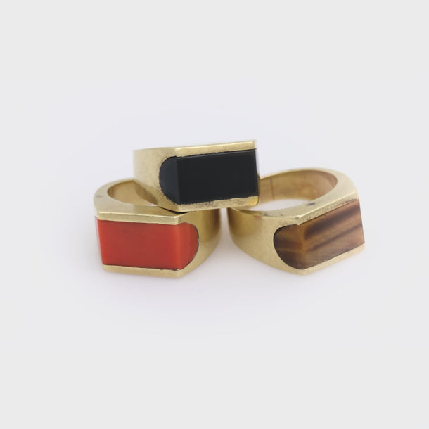 Vintage onyx, tigers eye, coral 14k yellow gold 3 ring set Jack Weir & Sons