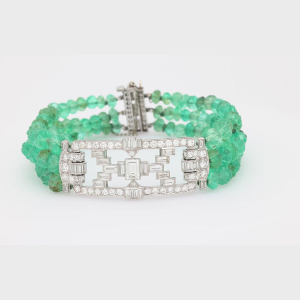 Art Deco 4.70 carat diamond emerald platinum beaded bracelet Jack Weir & Sons