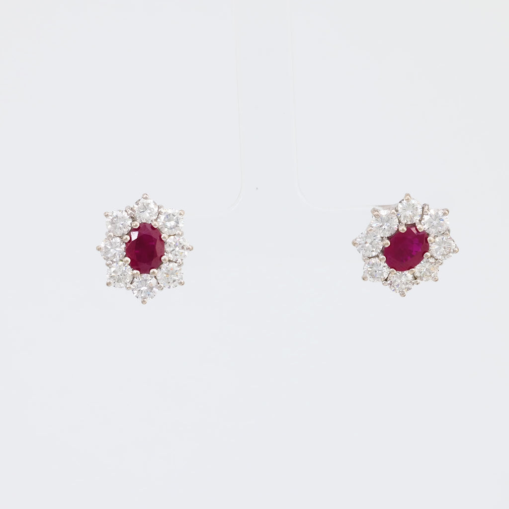 Vintage GIA Burma Ruby Diamond 18K White and Yellow Gold Cluster Earrings Jack Weir & Sons