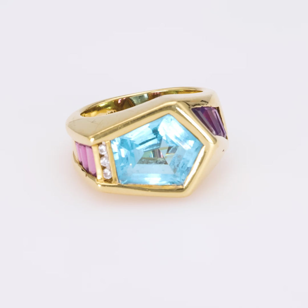 Modern Blue Topaz Amethyst Diamond Abstract Yellow Gold Ring