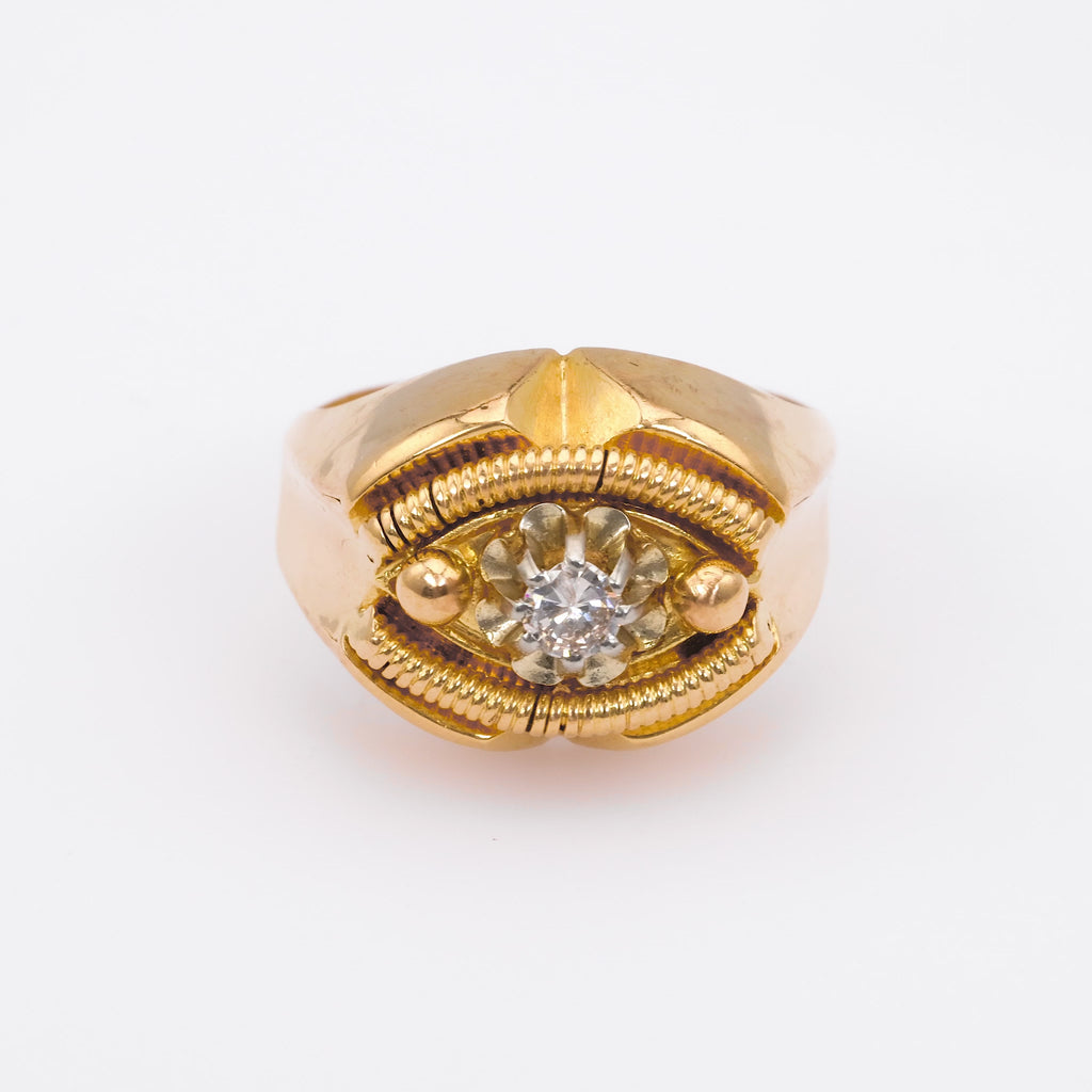French Retro Round Brilliant Cut Diamond 18K Rose Gold Tank Ring