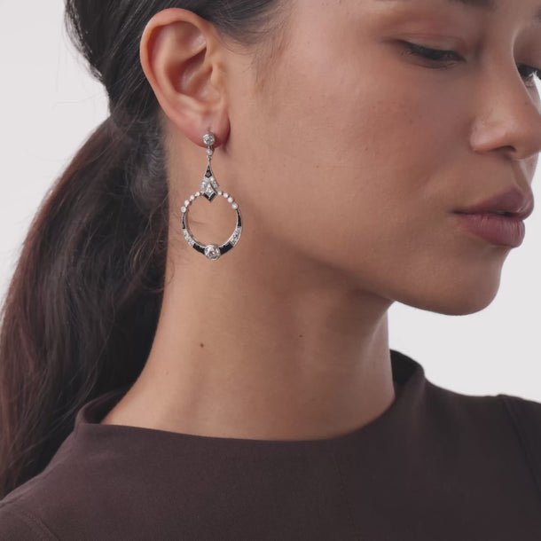 Art Deco style diamond onyx platinum earrings