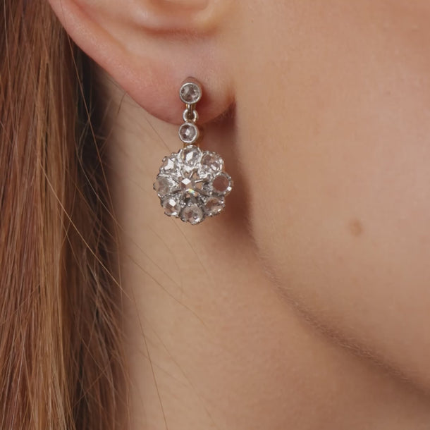 French victorian rose cut diamond 18k yellow gold platinum cluster earrings Jack Weir & Sons