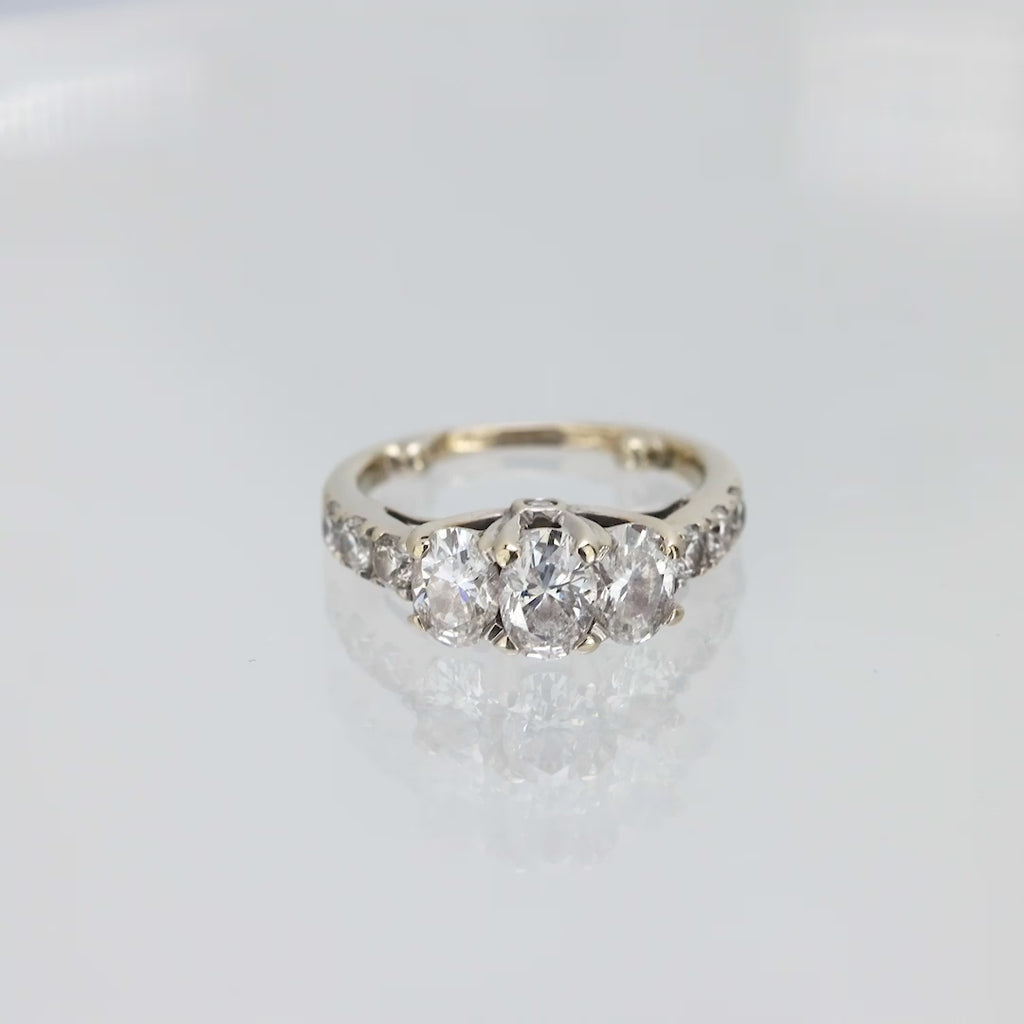 Vintage 1.20 carat oval diamond 3 stone 14k white gold ring