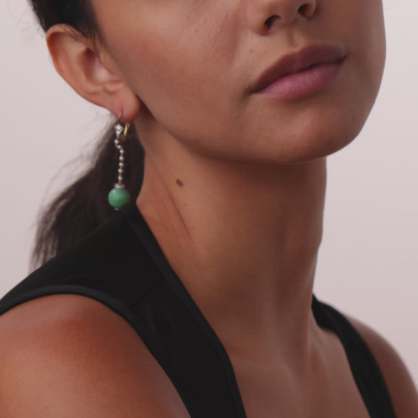 Mid Century diamond seed pearl turquoise onyx platinum drop earrings