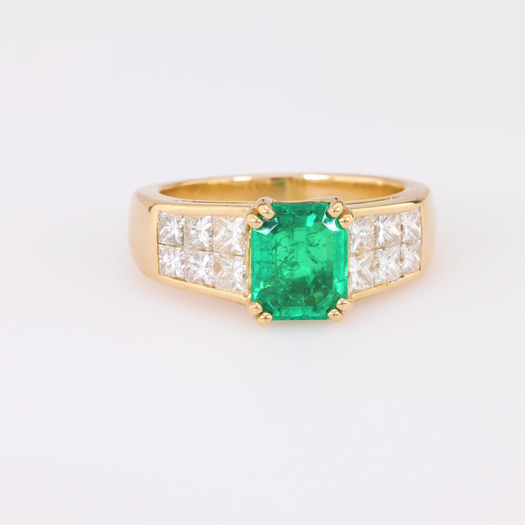 Vintage French GIA 1.25 Carat Colombian Emerald Diamond 18K Yellow Gold Ring