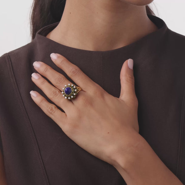 Vintage lapis lazuli diamond 18k yellow gold green enamel ring