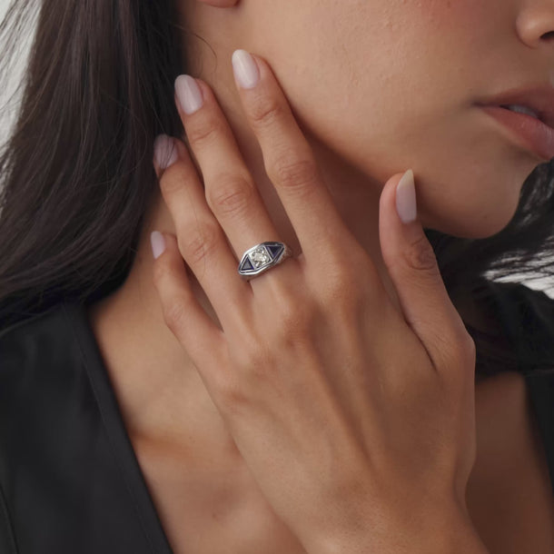 Art Deco diamond synthetic sapphire 14k white gold ring