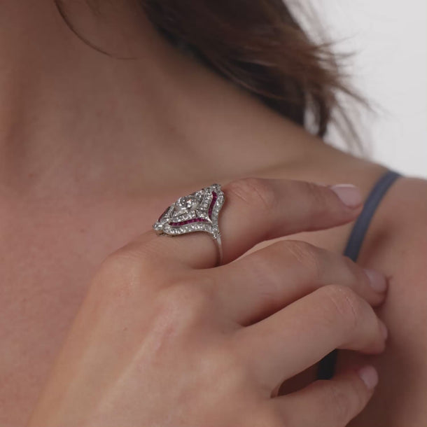 Art Deco style 1.75 carat diamond ruby platinum ring