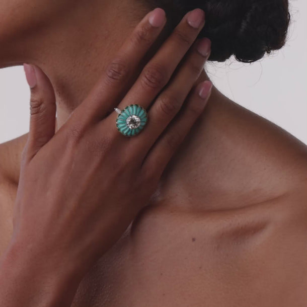 Art Deco style 2.84 carat diamond turquoise emerald platinum cocktail ring