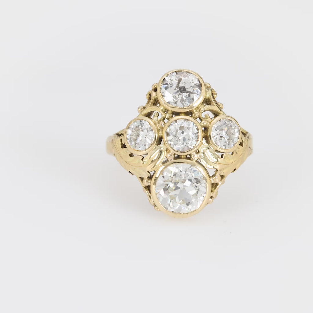 Antique GIA 3.40 carat total weight diamond 14k yellow gold five stone ring Jack Weir & Sons